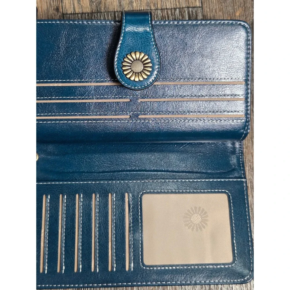 Boho Teal Blue Faux Leather Sunflower Bifold Wallet with Zip Pocket